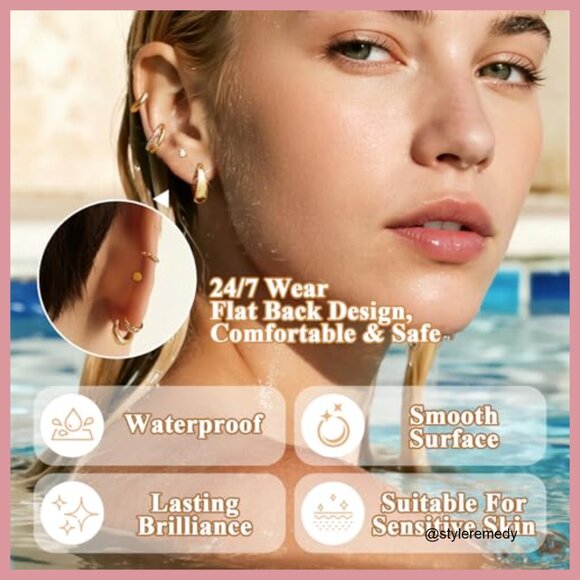 14K Gold Plated Chunky Hoop Earrings Hypoallergenic Silver Studs Set - Picture 4 of 7